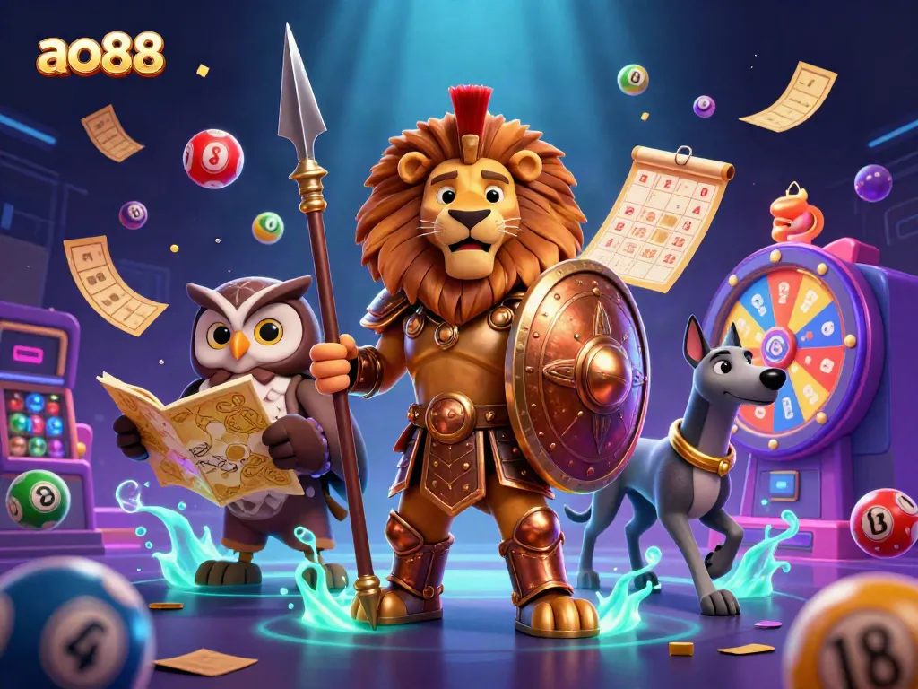 Experience thrilling gaming action with ao88 in this vibrant 3D illustration featuring characters and dynamic elements.