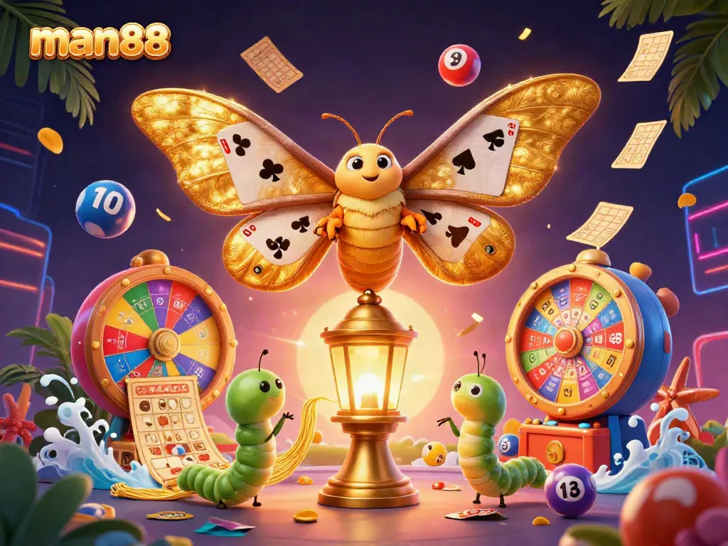 Experience the excitement at man88 with colorful casino scenes and dynamic lottery elements.