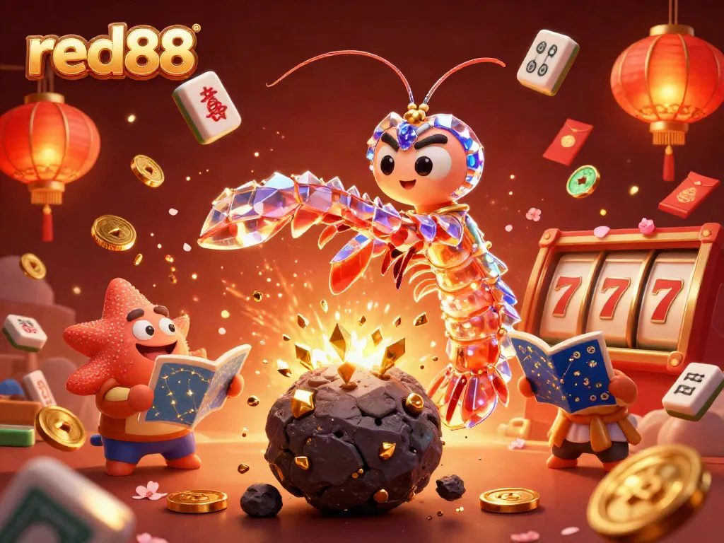 Experience the excitement of red88 with dynamic casino action showcasing spinning slot reels and vibrant characters.