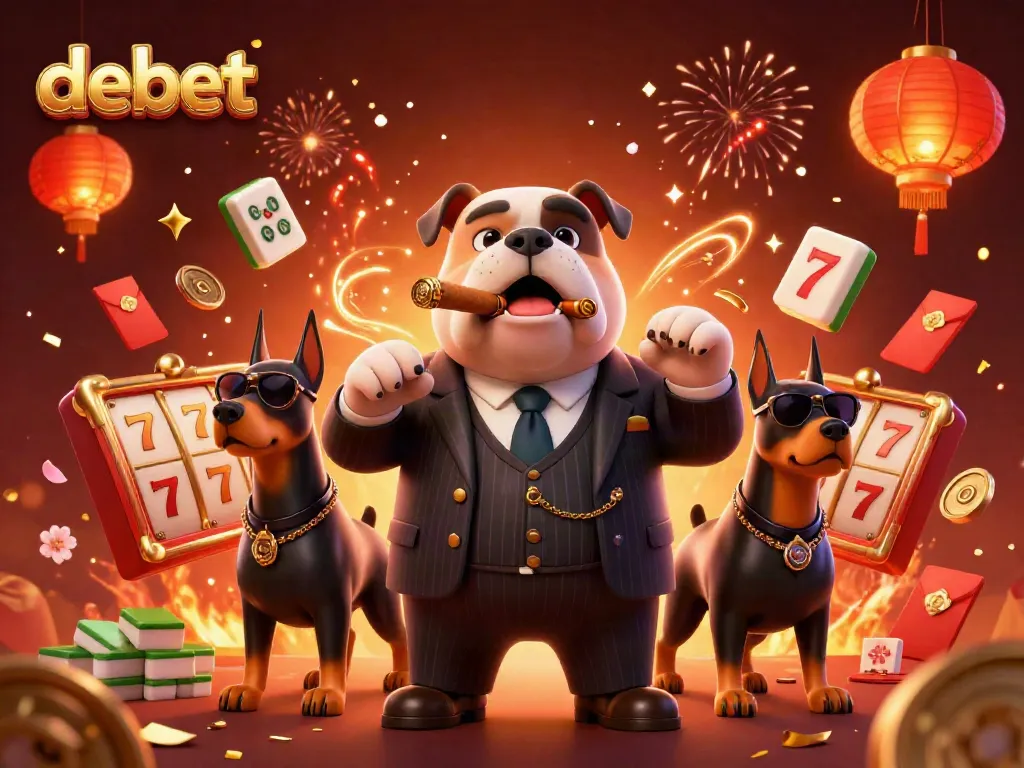 Engage in thrilling slots as Debet's mafia bulldog leads a vibrant casino scene with dynamic gameplay.