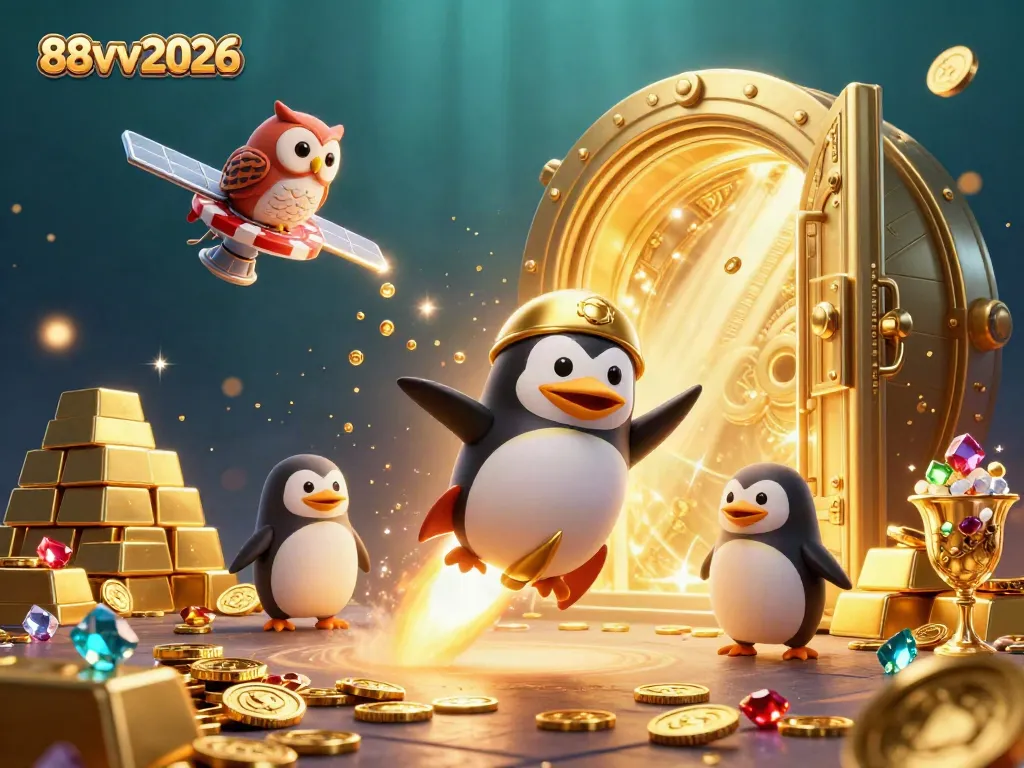 Win with 88vv2026 in a colorful, ultra-detailed casino scene featuring a golden penguin and treasure.