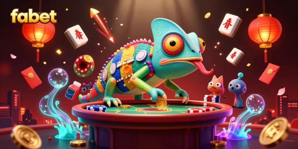 Experience fabet's vibrant casino world with our chameleon mascot, surrounded by exciting game elements.