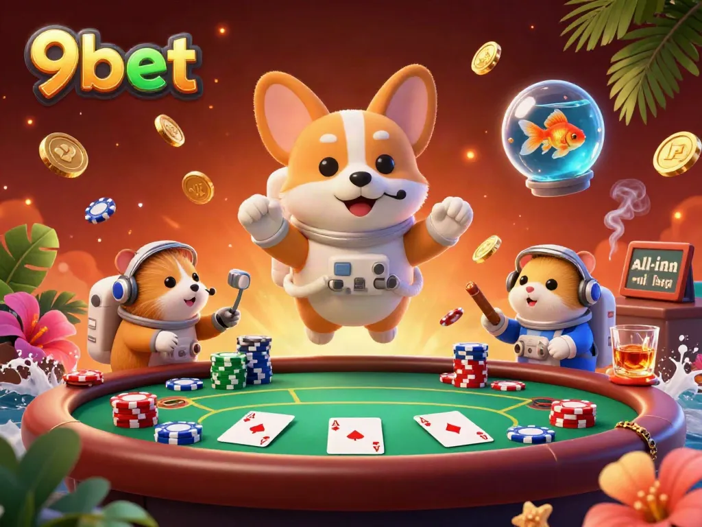 Engage with exciting casino action at 9bet with 3D corgi floating in space, surrounded by poker chips.