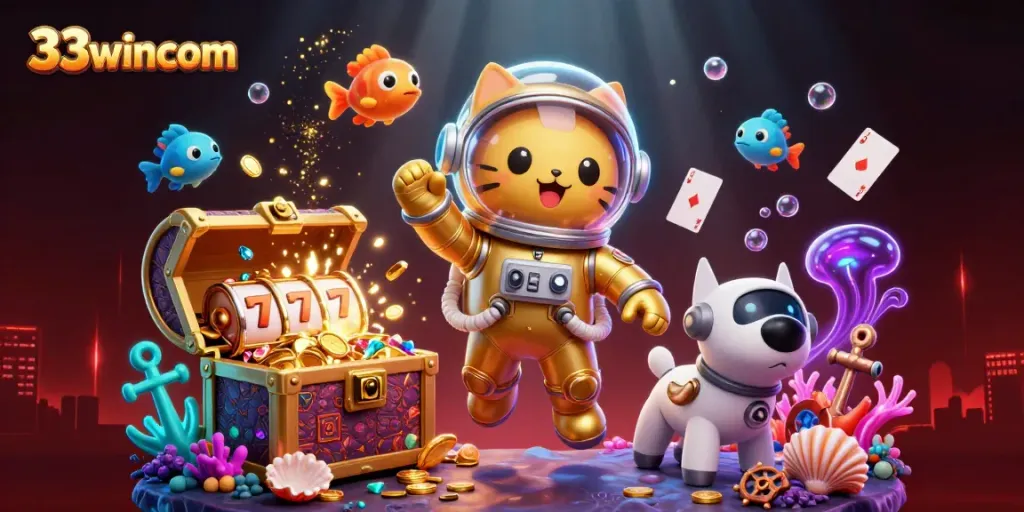 Experience thrilling gameplay with 33wincom through a vibrant 3D illustration of exciting casino elements.