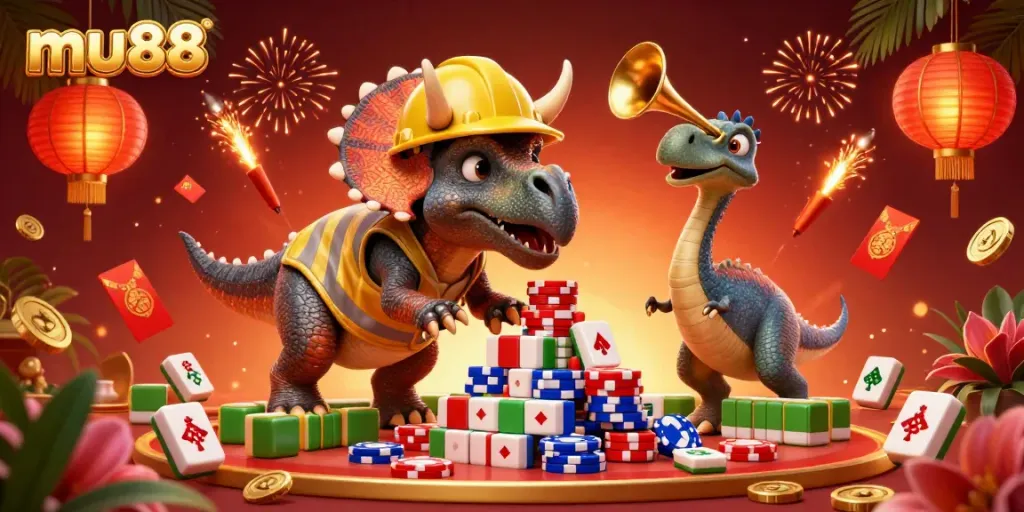 Experience the thrilling casino ambiance with a mu88-themed vibrant illustration featuring a joyful triceratops and casino elements.