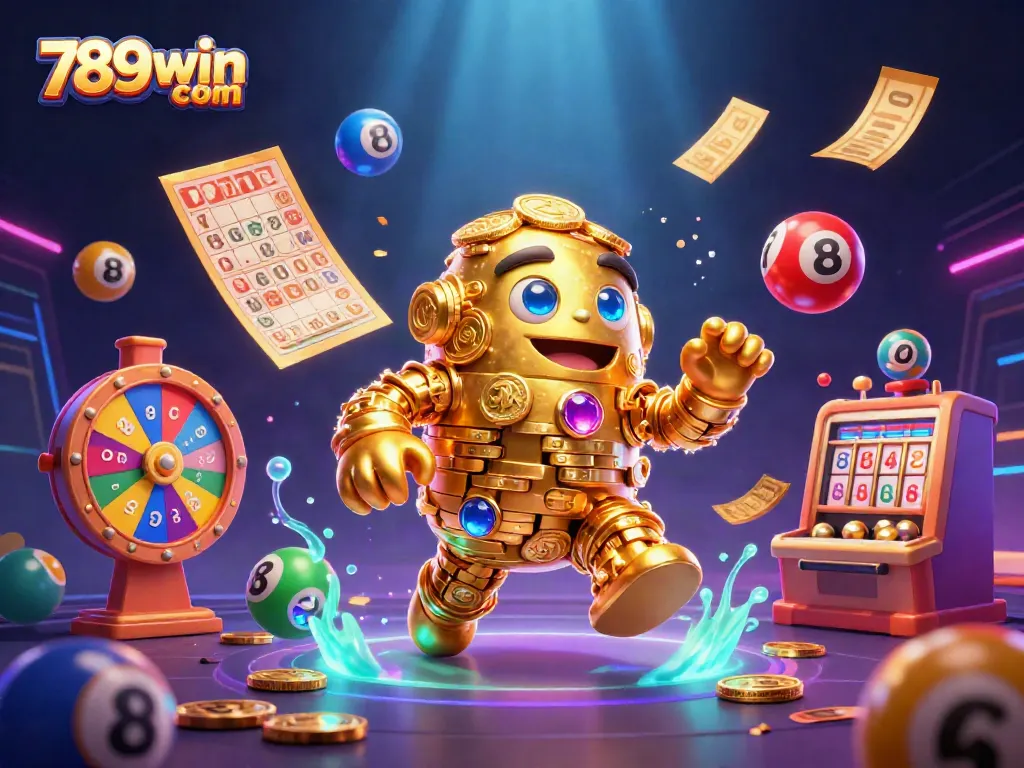 Engage with 789win com through a magical golden golem surrounded by vibrant casino elements