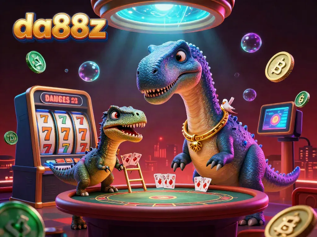 Play thrilling slot games at da88z, featuring a towering brontosaurus, a raptor dealer, and vibrant casino elements.