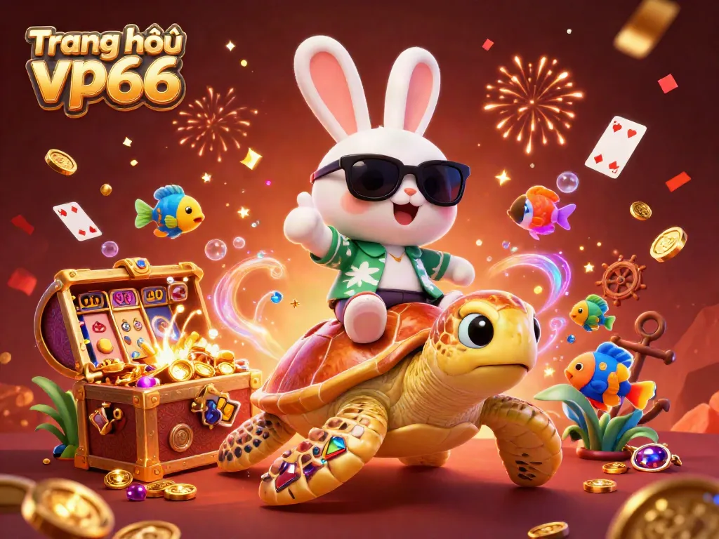 Spin to win at Trang chủ vp66 with a lucky rabbit and golden turtle in vibrant casino-themed illustration.