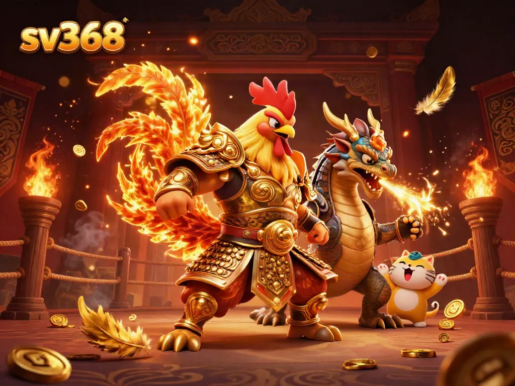 Engage in thrilling games at sv368 with a dynamic scene of a rooster warrior, dragon, and fortune cat.