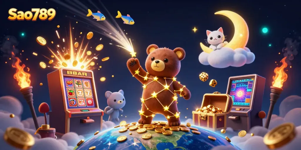 Scoop coins for real winnings with Sao789 in this vibrant slot machine explosion scene