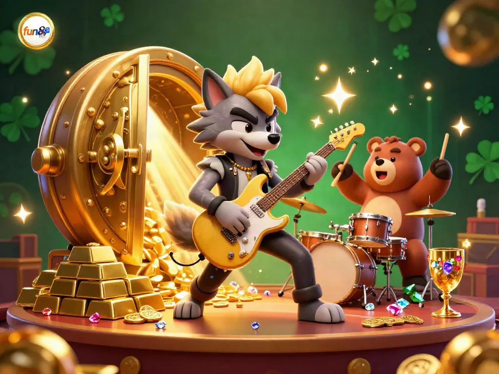 Experience the excitement of fun88 link in this vibrant casino scene with a rock star wolf and drummer bear.