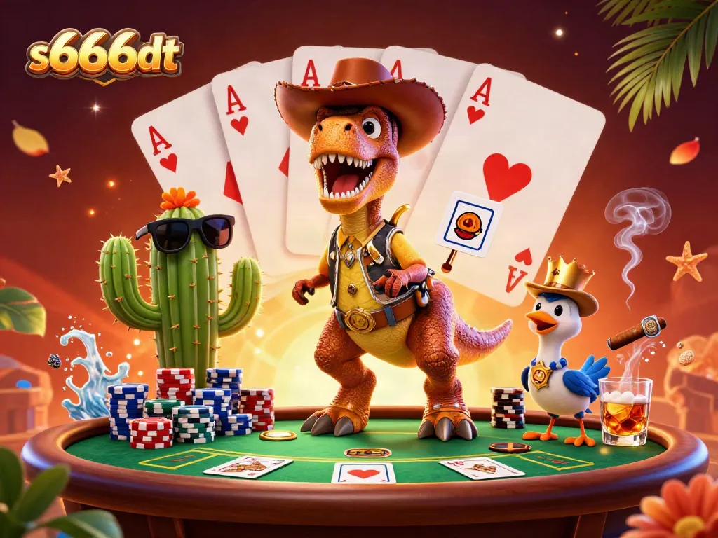 Engage in thrilling poker action with s666dt showcasing a dino dealer and colorful chips.