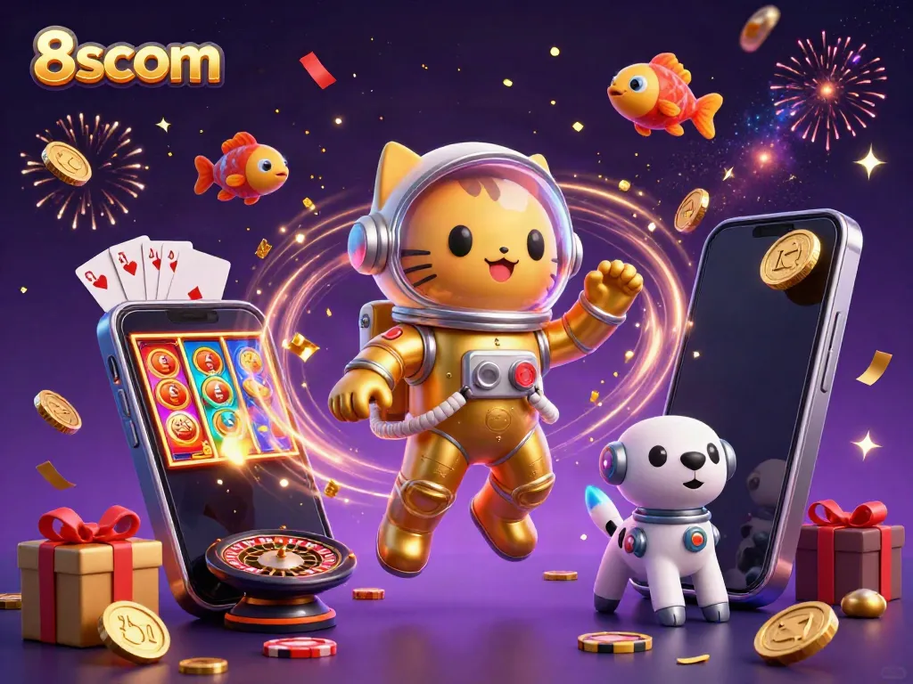Experience thrilling wins with 8scom's vibrant casino adventure in a dynamic 3D scene.