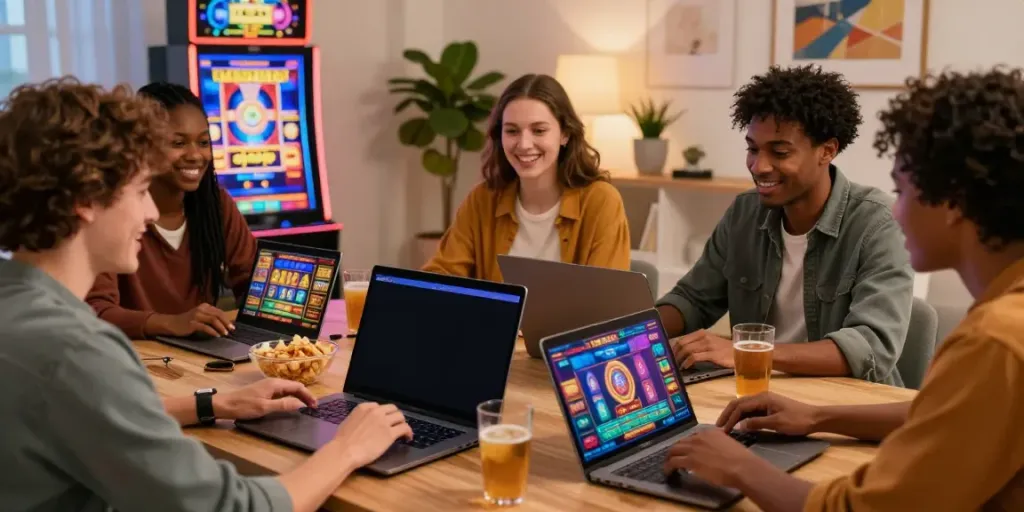 Friends enjoying an online gaming experience with bonus sans depot casino highlighted on the laptop screen.