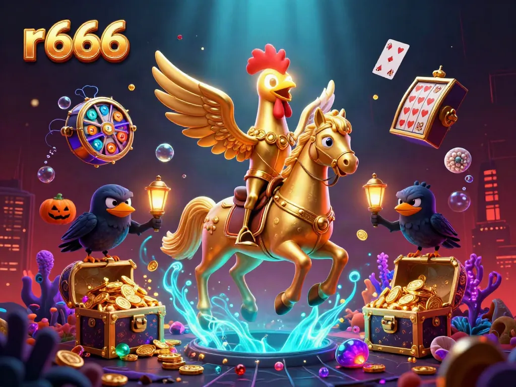 Experience the thrilling atmosphere of r 666 with a dynamic casino scene featuring a golden rooster and vibrant game elements.