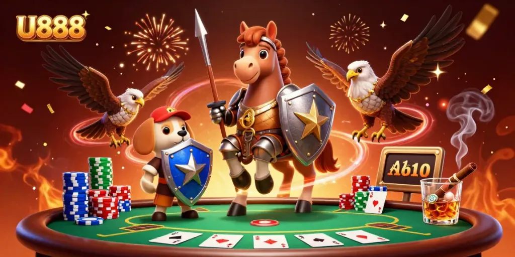 Engage in thrilling U888 poker action with knights, chips, and vibrant casino visuals.