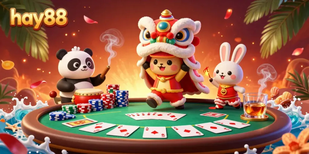 Experience the excitement of hay88 with vibrant casino action featuring poker elements and lively characters.