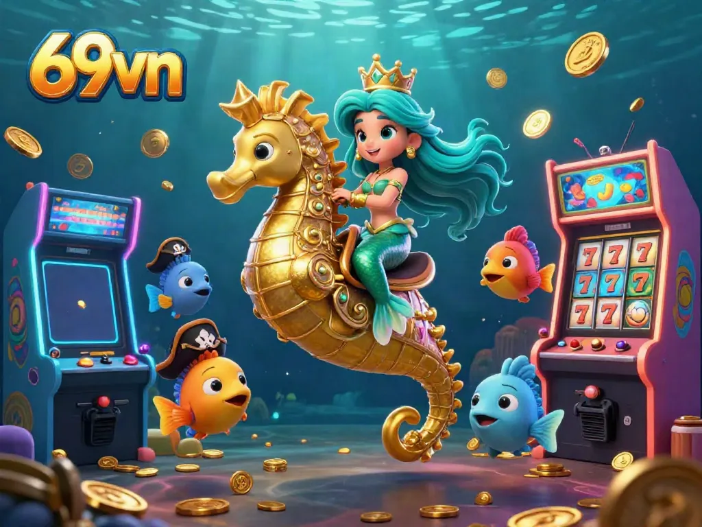 Experience stunning gameplay at 69vn with colorful gaming scenes featuring slot machines and mermaid themes.