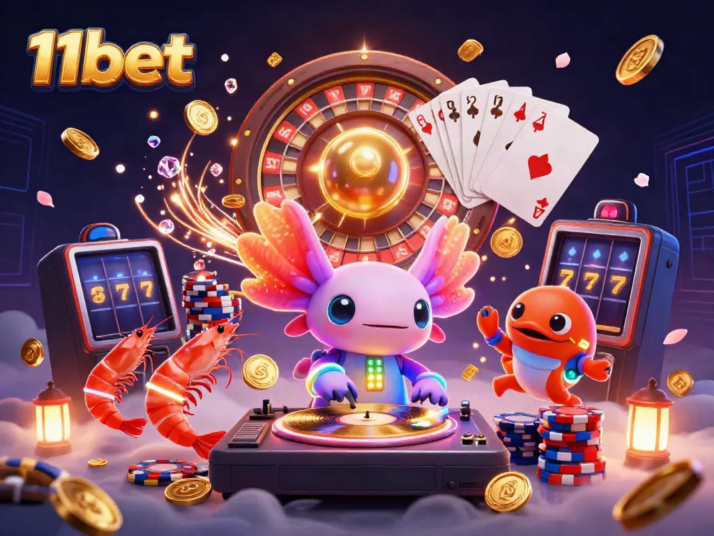 Engage in captivating gaming with the lively 11bet featuring a neon-colored axolotl DJ.