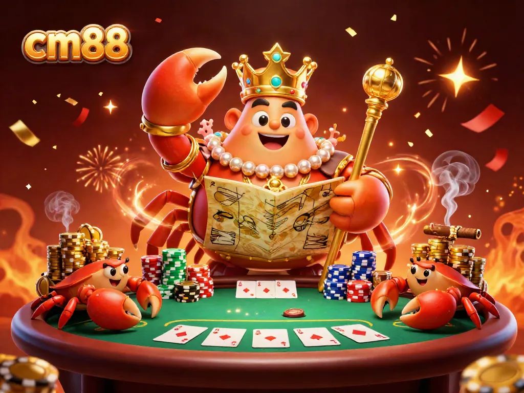 Experience cm88 with a golden crab emperor at a vibrant poker table, surrounded by festive elements.