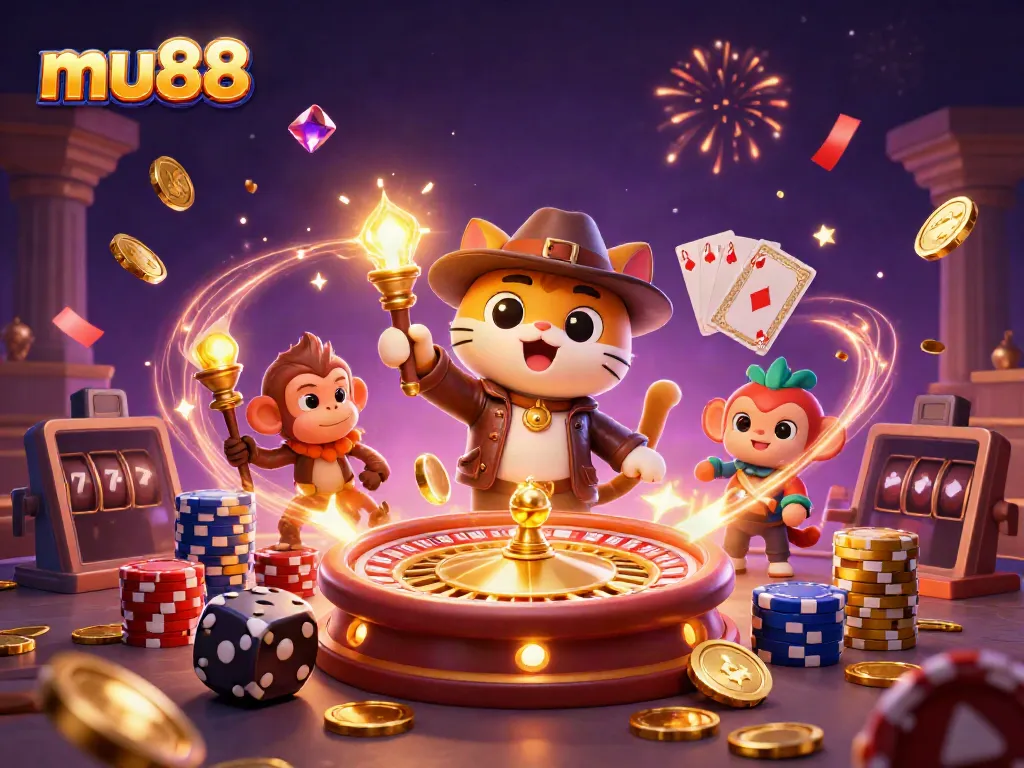 Experience thrilling wins at mu88 with 3D characters exploring a rich casino environment filled with vibrant elements.