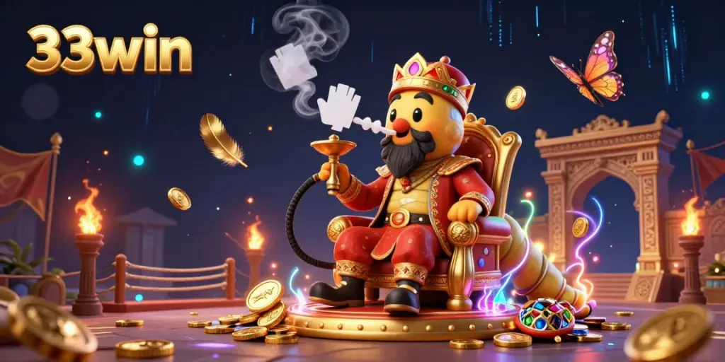 Experience 33win with a vibrant 3D depiction of a gaming scene featuring a caterpillar hookah-master amidst swirling gold coins and poker symbols.