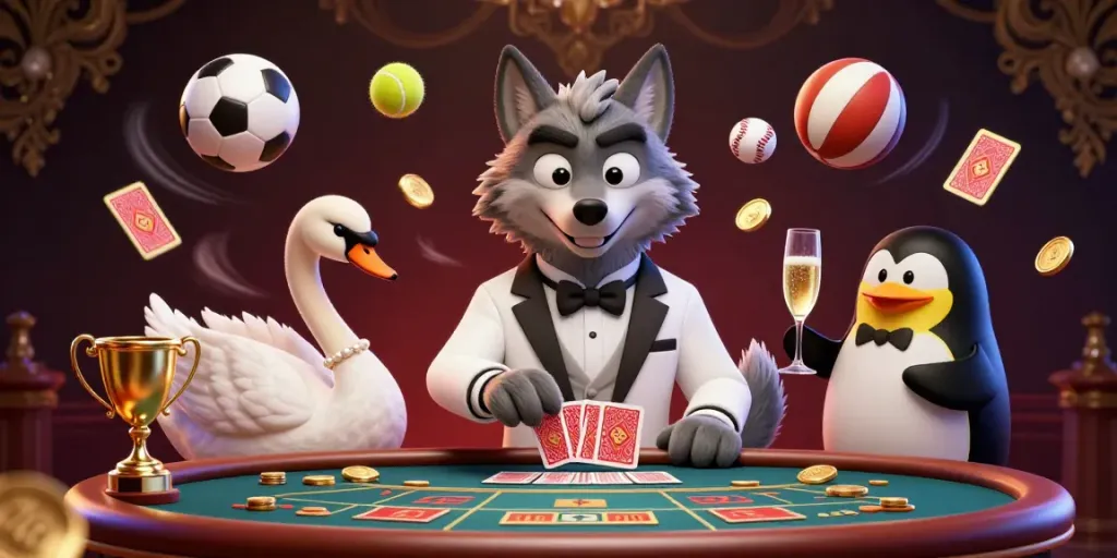 Experience the excitement of Alo789 Link with a debonair wolf, elegant swan, and distinguished penguin in a vibrant casino scene.