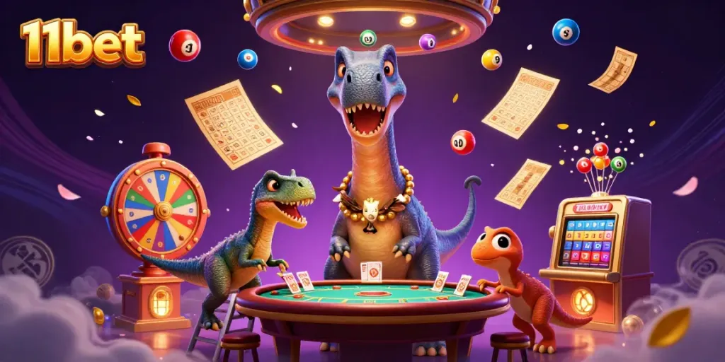 11bet immersive casino scene with dinosaurs and gaming elements creating an exciting atmosphere.