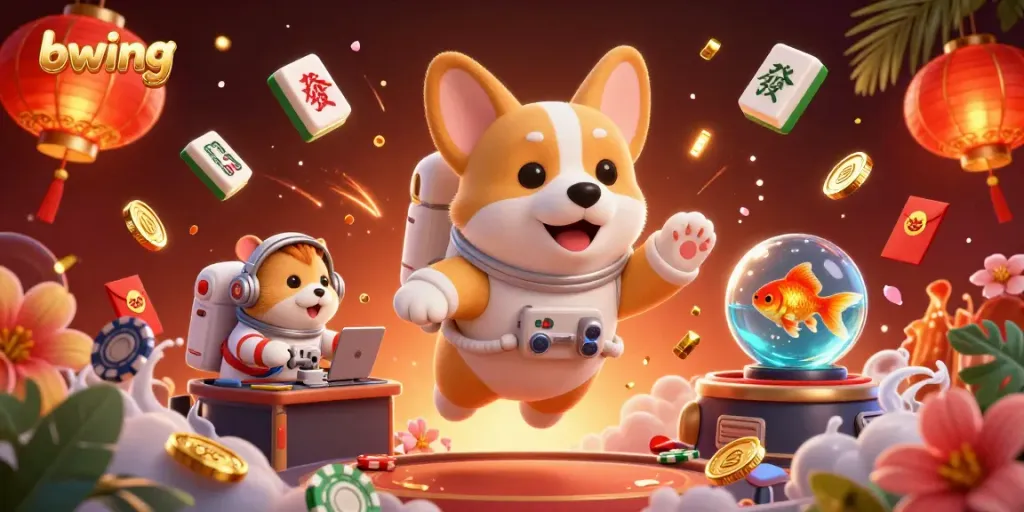 Experience the fun of bwing casino gaming with playful characters amidst darting poker chips and festive decorations.