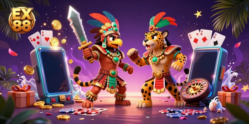 Engage with EX 88 in a vibrant 3D casino scene featuring Aztec warriors, slot games, and dynamic casino elements.