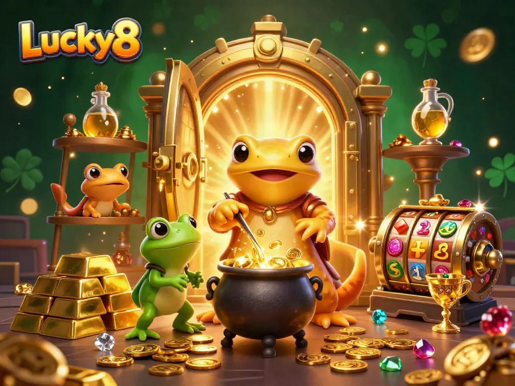 Engage in winning strategies with Lucky8 in a vibrant casino-themed magical scene.