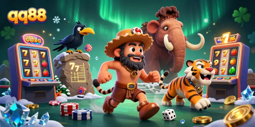 Experience thrilling gaming moments at qq88 casino with this dynamic 3D illustration featuring prehistoric characters.
