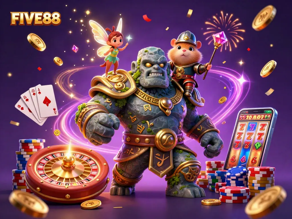 Spin and win at FIVE88 with magical characters in a vibrant casino scene.
