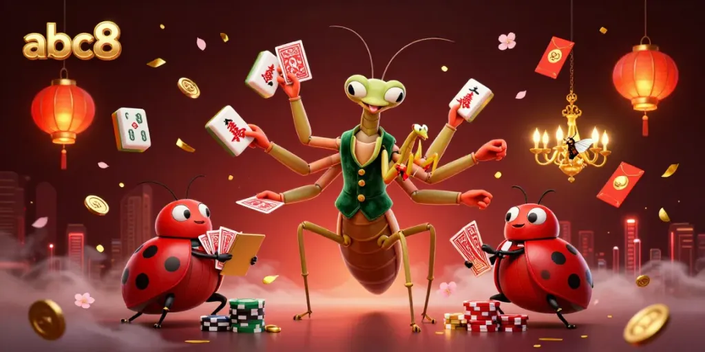 Engage in exciting gameplay at abc8, as a giant praying mantis deals cards, creating a vibrant casino atmosphere.