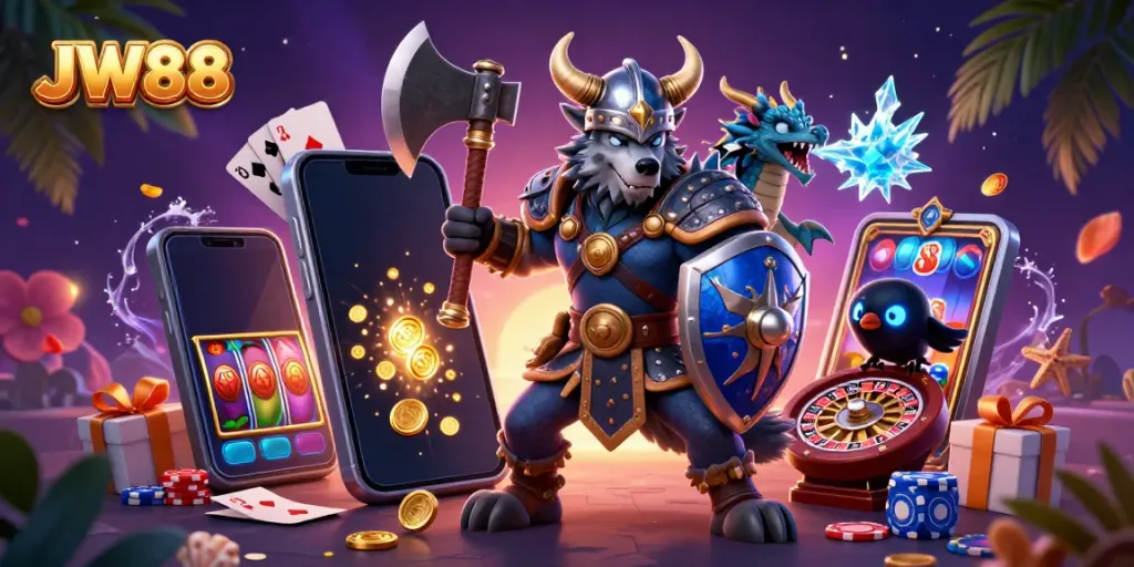Engage with thrilling JW88 gameplay featuring iconic characters amidst dynamic casino elements.