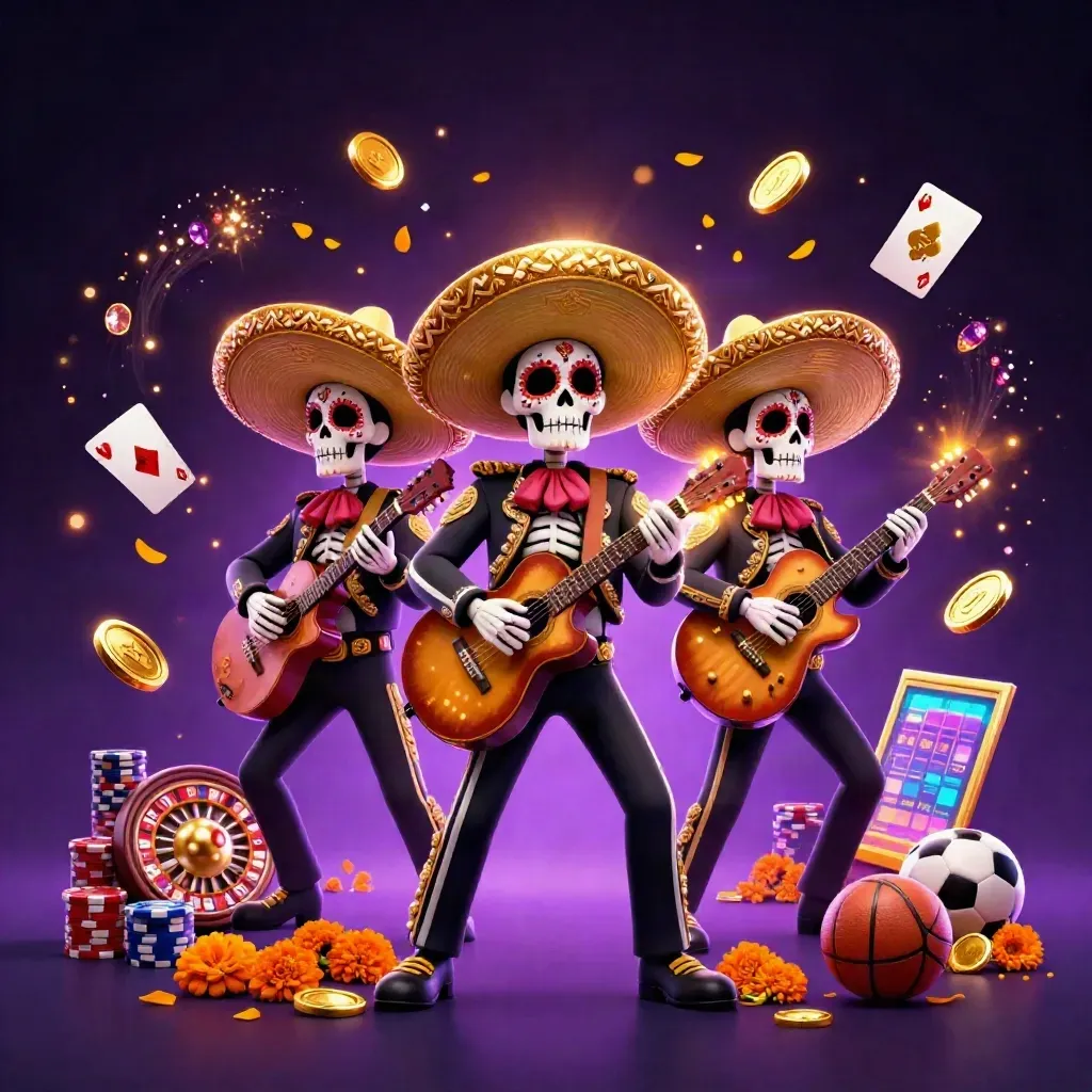 Skeleton mariachi trio with casino bursts, coins, roulette, chips, sports balls and violet neon glow.