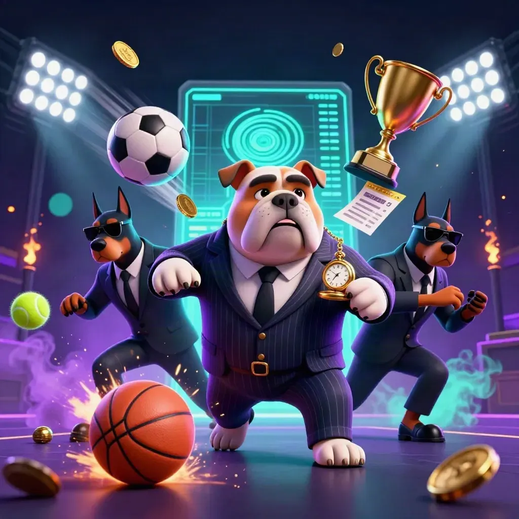 Bulldog mob boss and two Dobermans amid flying sports balls, lights, coins, and neon casino glow.