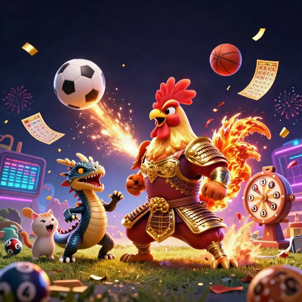 Rooster warrior, dragon hatchling and fortune cat amid neon casino sports bursts.