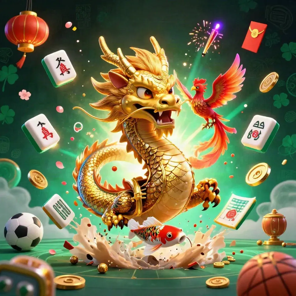 Golden dragon, phoenix, koi, coins and sports props explode in neon casino glow.