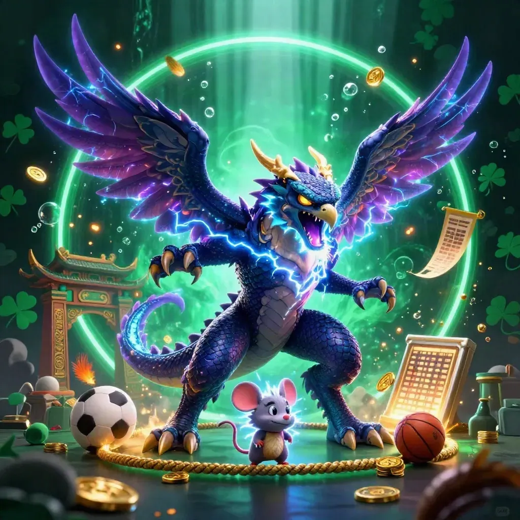Thunder dragon, glowing hawk, and static mouse in a neon casino-temple storm.