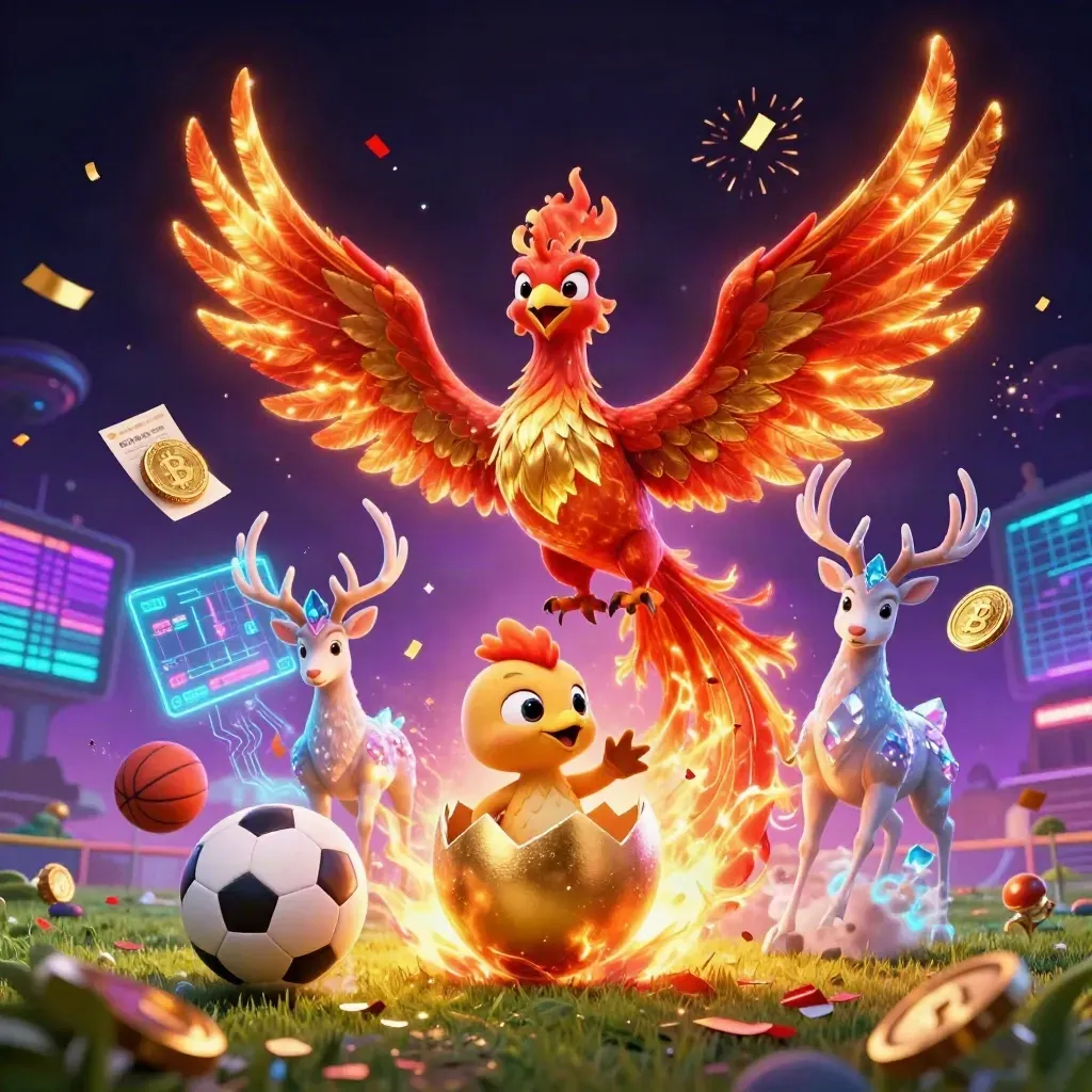 Fire phoenix, baby phoenix, and crystal stag amid neon coins, sports gear, and casino energy.