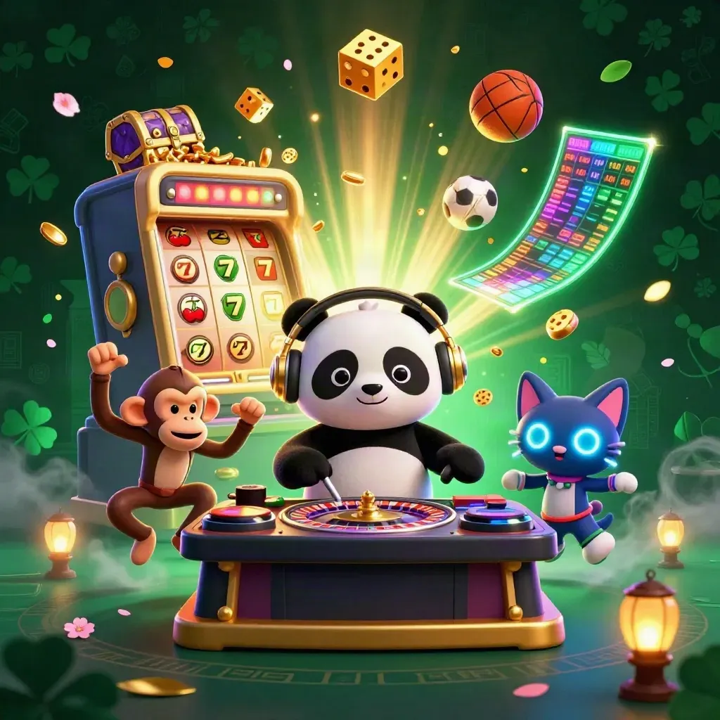 Cartoon panda DJ, monkey, and glow-kitten amid casino blasts, gold dice, and neon sports props.