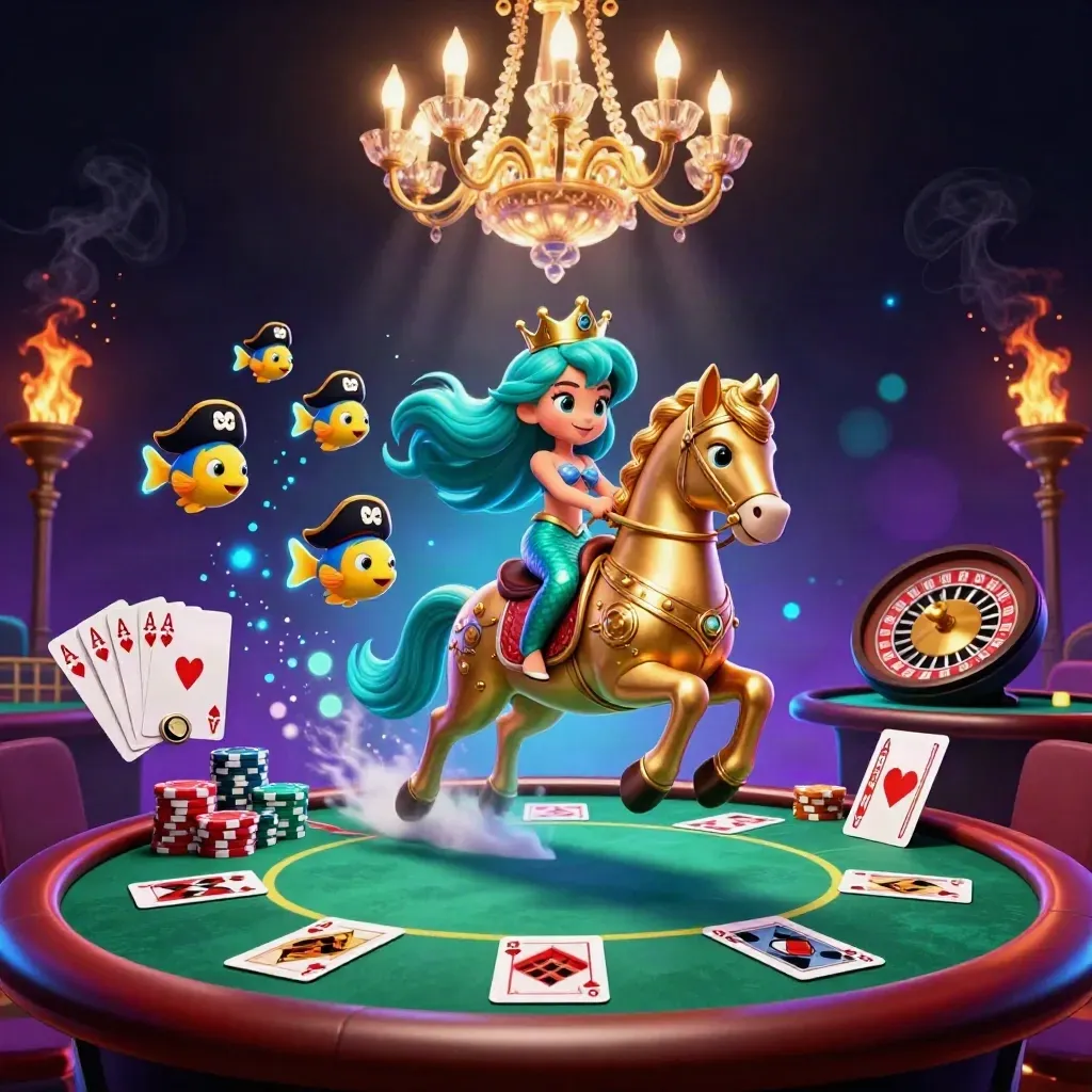 Mermaid princess rides a golden seahorse through a neon casino scene with cards, chips, and glowing lights.