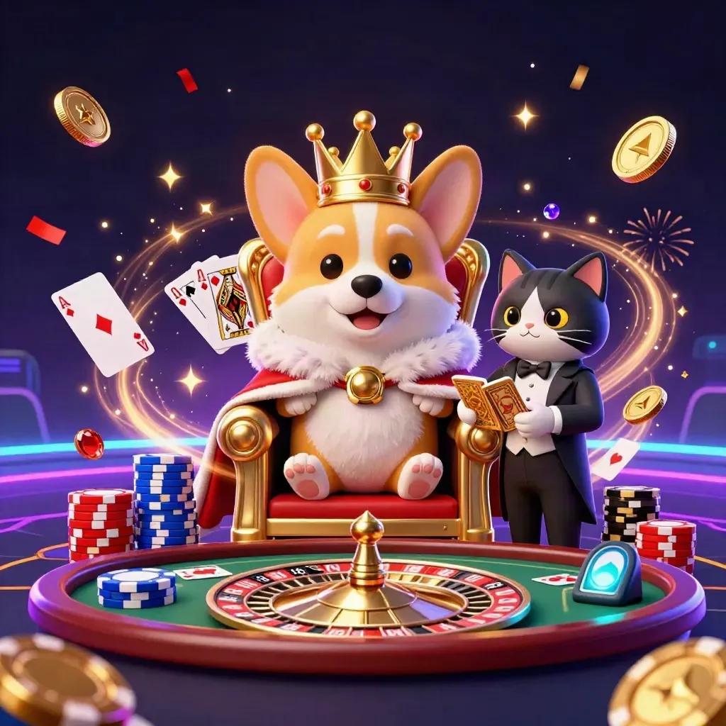 Royal corgi and cat butler amid roulette glow, gold coins, gems, and neon casino luxury.