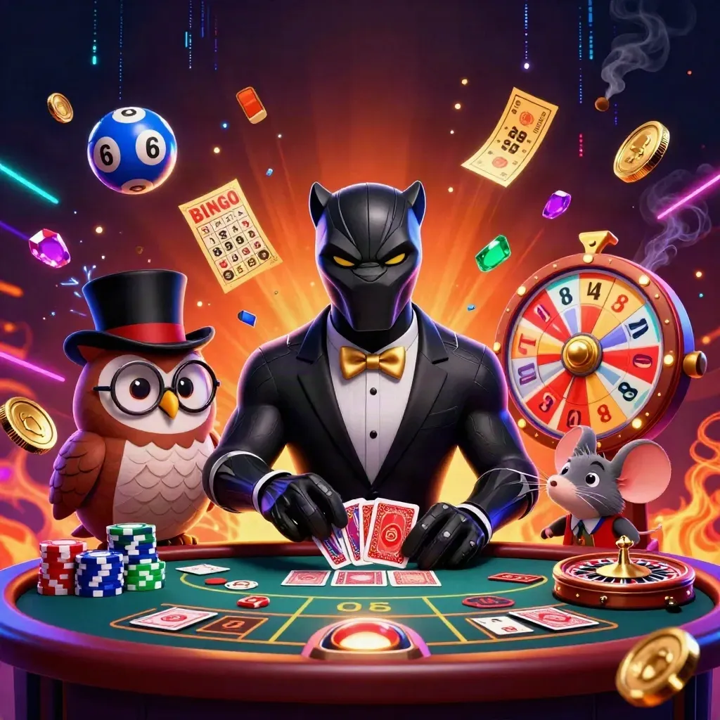 Panther, owl, and mouse in a glowing casino room with cards, coins, and neon energy.