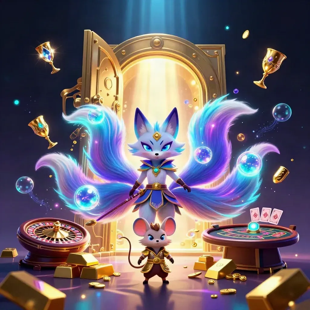 Neon fox spirit and armored mouse bursting from a golden vault in a futuristic casino glow.