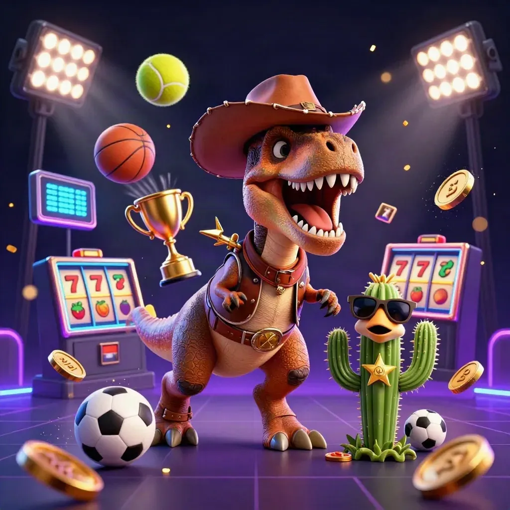 Cowboy T-Rex, cactus sidekick, and sheriff roadrunner amid neon casino sports chaos