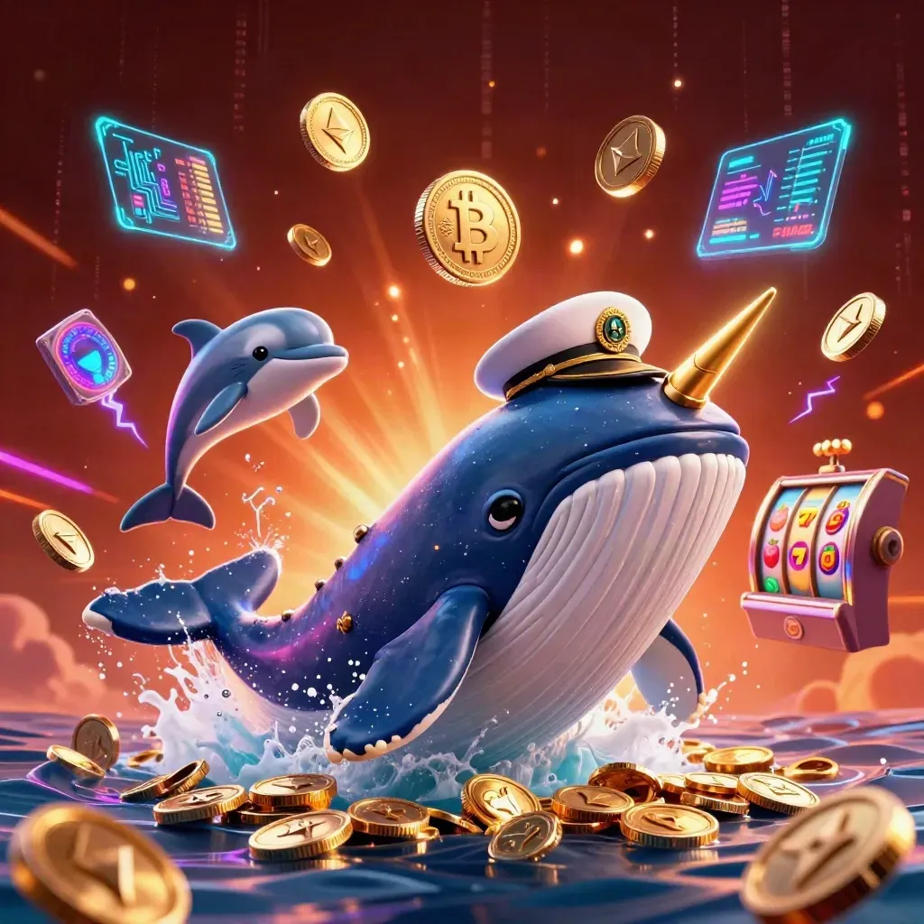 Whale captain, narwhal, and dolphins burst through coins amid neon crypto casino effects.