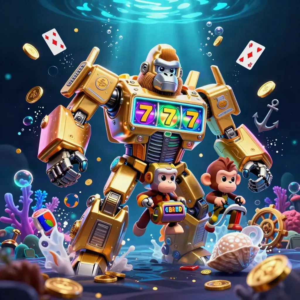 Golden gorilla mech and monkey pilot explode through an underwater treasure cove in neon cyan glow.