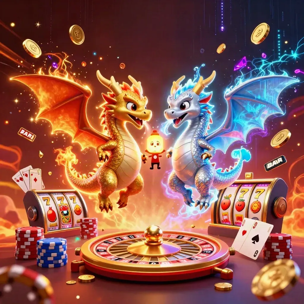 Twin gold and silver dragons in yin-yang flight with coins, cards, chips, and roulette bursting outward.